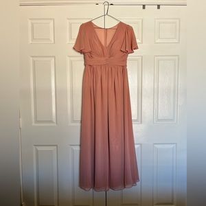 Azazie Verna maternity v-neck, floor length chiffon dress in Champagne Rose.